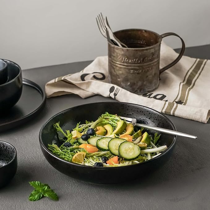 S&Q'S CERAMICS Large Serving Bowls Set of 4, 60 ounce Large Salad Bowls, 10'' Ceramic Wide Shallow Bowl Plates, Pasta Serving Dishes for Fruit, Microwave Safe(Black and Grey) (TSW2021)