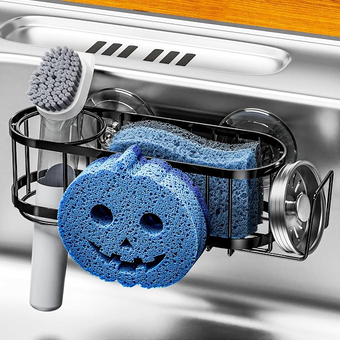 Cisily Sponge Holder Smiley Face, Sink Caddy for kitchen Sink, Kitchen Organizer Sponge Holder with 2 PCS Suction Cups and Adhesive Strips, Designed for Sponge, Soap, Dish brush, Scrubber-Black