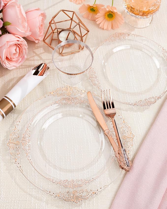 Nervure 175Pcs Rose Gold Plates, Disposable Party Plates for 25 Guests | 25 7.5" Dessert & 25 10.25" Dinner Plastic Plates, 75 Gold Silverware, 25 9oz Cups, 25 Napkin for Wedding & Party, Heavy-duty