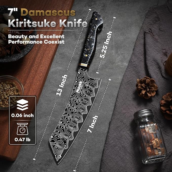 Huusk Damascus Chef Knife 7", Ultra Sharp Santoku Knives | Japanese Kitchen Knife with Ergonomic Resin Handle, Ideal Birthday Dad Mom Gift
