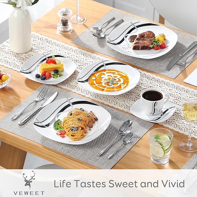 VEWEET Ceramic Dinnerware Sets for 6, White and Black Dishes Set, FIONA | Porcelain Dinner Set Including Dessert Plates, Soup Plates, Dinner Plates, Cups & Saucers, Microwave & Dishwasher Safe