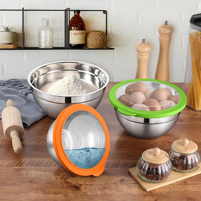 LIANYU Mixing Bowls with Lid Set of 3, Stainless Steel Metal Mixing Bowls | Large & Small 1.5 & 3 & 4.6QT Sizes, for Kitchen Cooking, Baking, Storage, Dishwasher Safe, 3-Color