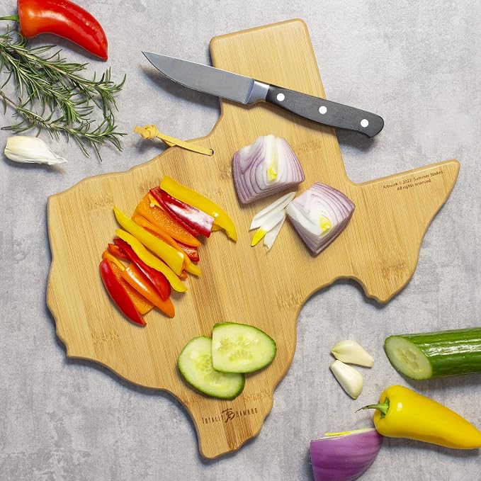 Totally Bamboo Texas State Shaped Cutting Board, Summer Stokes Art | State charcuterie board with colorful hand-drawn landscape art. Smooth reverse side for food prep. Hang tie for wall display.