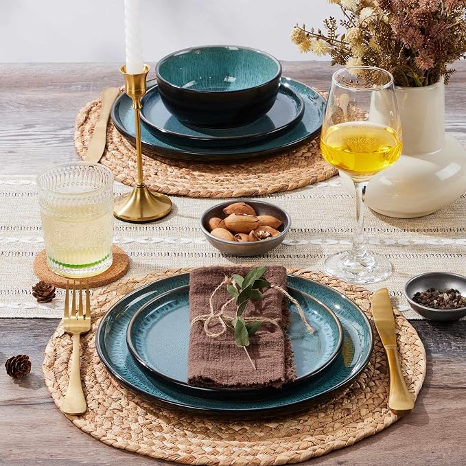 LIANYU Ceramic Dinnerware Sets for 4, 12 Piece Dishes Set, Pastel Turquoise | Stoneware Plates and Bowls, Scratch Resistant Round Kitchen, Dishwasher and Microwave Safe Dinning Ware Set