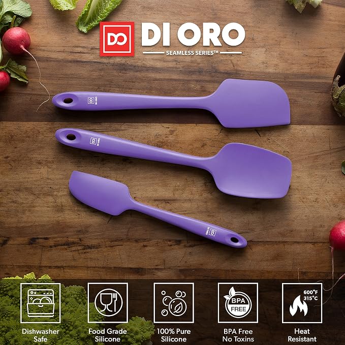 DI ORO Silicone Spatula Set - 600F Heat Resistant, 3-Pc Lavender | Rubber scraper won't scratch nonstick pans; For baking, cooking, mixing, and frosting; BPA-free and dishwasher safe