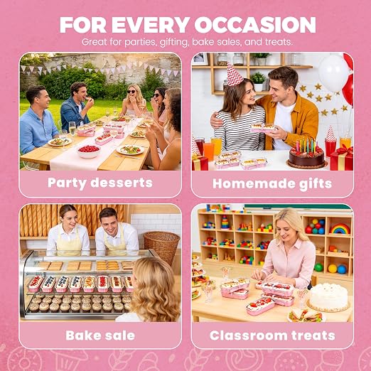 NPLUX Mini Cake Pans with Lids, 200 Pack Pink 6.8oz for Birthday Treats | Good for custard, snack cups, fruit toppings and baked samples; paired extras make serving details easier to finish.