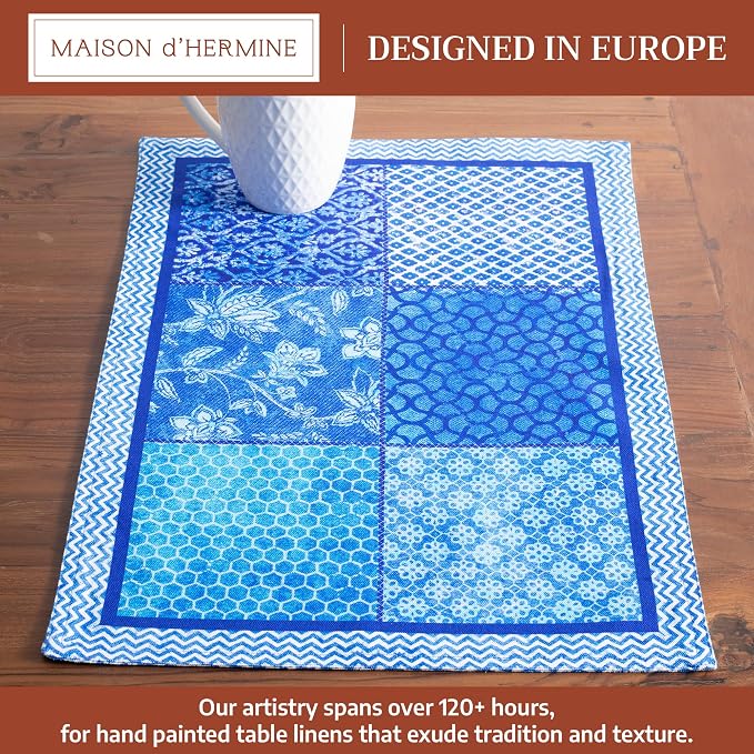 Maison d' Hermine Placemats Set of 4 Reusable 100% Cotton (13"x19") | Cloth Place Mats Washable Table Mats for Kitchen Dining Party Wedding Hotel Home Restaurant Spring Summer - Indigo Love
