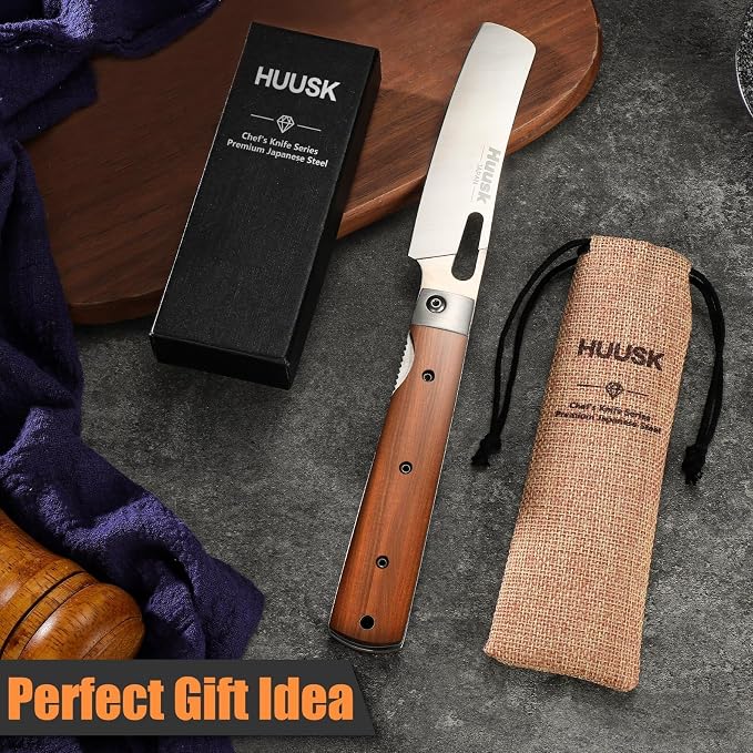 Huusk Japanese Folding Nakiri Knife - Pocket Chef Knives for BBQ | 440C Stainless Steel, Ultra Sharp Blade, Wooden Handle, Gift Box, for Trip Outdoor