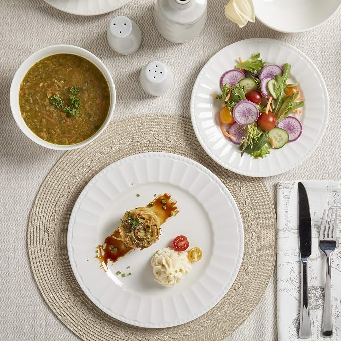 Tabletops Gallery Embossed Bone White Porcelain Round Dinnerware Collection- Chip Resistant Scratch Resistant, Mosaico 12 Piece Dinnerware Set (Dinner Plate, Salad Plate, Cereal Bowl)