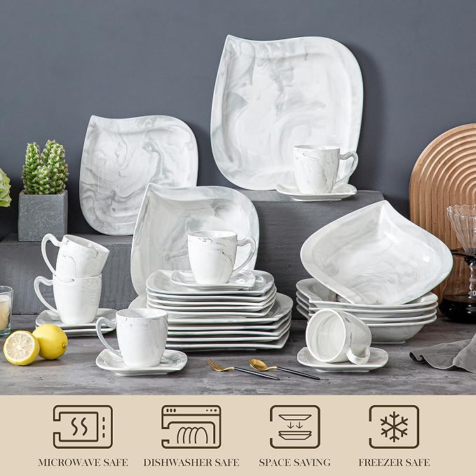 MALACASA 30 Piece Porcelain Dinnerware Set, Marble Grey for 6 | Complete with Plates, Bowls, Cups, Saucers, Microwave Oven and Dishwasher Safe Porcelain, Modern Square Design, Service for 6