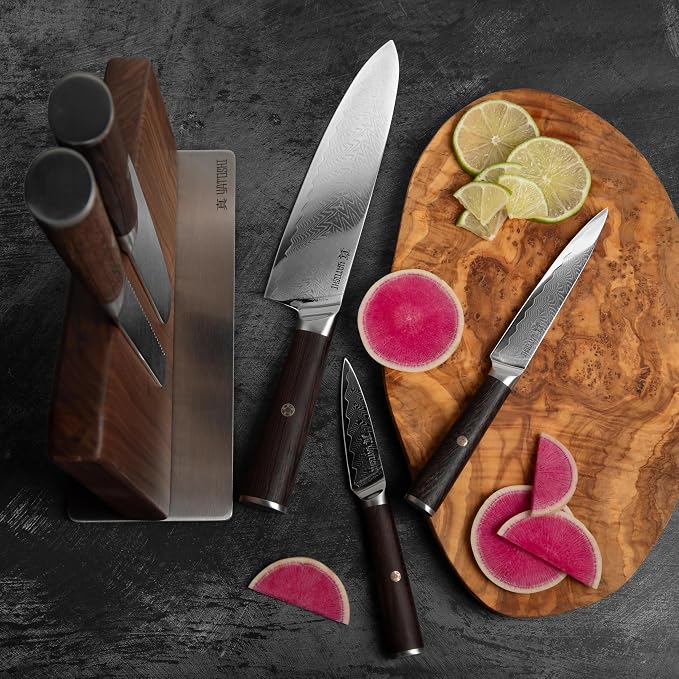 Magnetic Kitchen Knife Block Set - Japanese 67 Layer High-Grade VG-10 Steel Knives, Sharp, G10 Handle Professional Kitchen Knife Set - Damascus (6 pieces), Brown Pakkawood Handles
