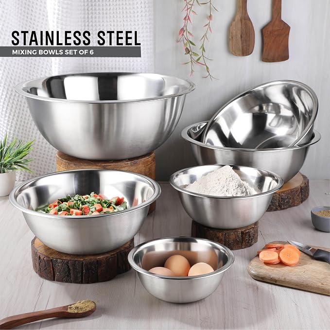 Set of 6 Premium Stainless Steel Mixing Bowls Set, Easy To Clean, Space Saving Nestable Design, Great for Cooking, Baking, Prepping (0.75qt, 1.5qt, 3qt, 4qt, 5qt, 8qt)