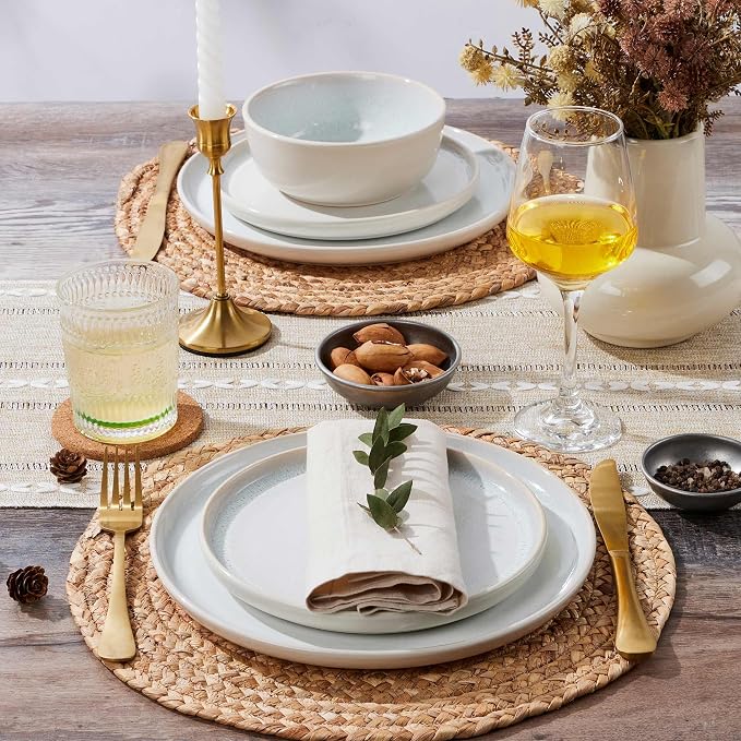LIANYU 24 Piece Plates and Bowls Sets for 8, Ceramic Dishes Set, Dusk White | Stoneware Dinnerware Set, Modern Dinning Ware Dishware Set, Dishwasher and Microwave Safe Dinner Salad Plates