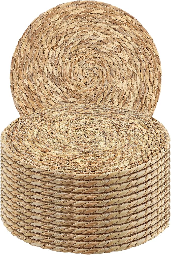 Kochorie Set of 12 Round Woven Placemats - 13.8 Inches Natural Boho Rattan Wicker Table Mats for Home Dining Table