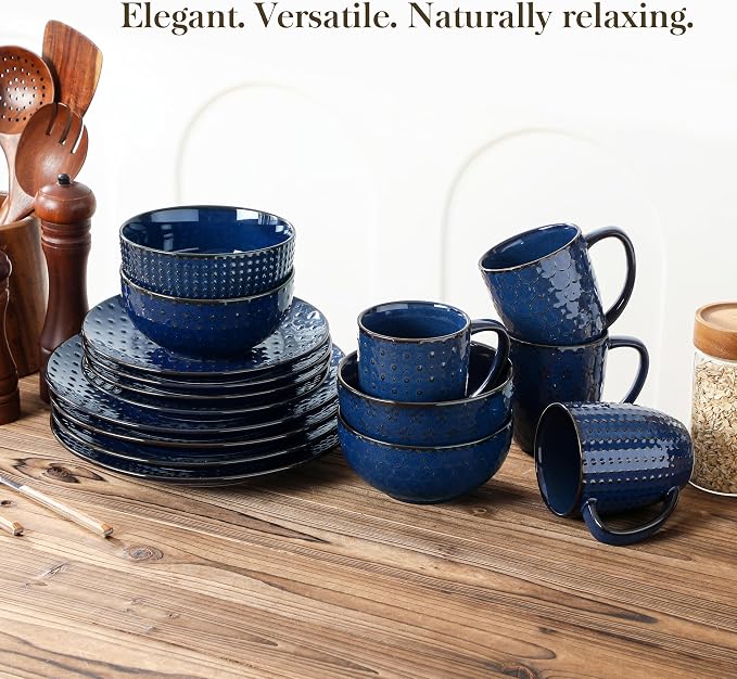 MALACASA 16 Pieces Dinnerware Sets, Farmhouse Plates and Bowls Sets, Embossed Blue Dish Set for 4, Vintage Relief Ceramic Dish Set with Mugs, Microwave and Dishwasher Safe, Series LYDIA