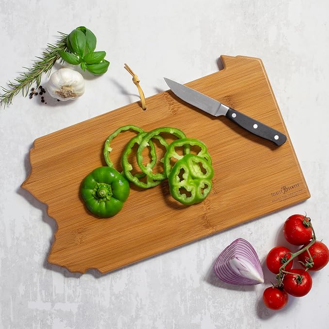 Totally Bamboo Pennsylvania State Shaped Cutting Board, Summer Stokes Art | State charcuterie board with colorful hand-drawn landscape art. Smooth reverse side for food prep. Hang tie for wall display.