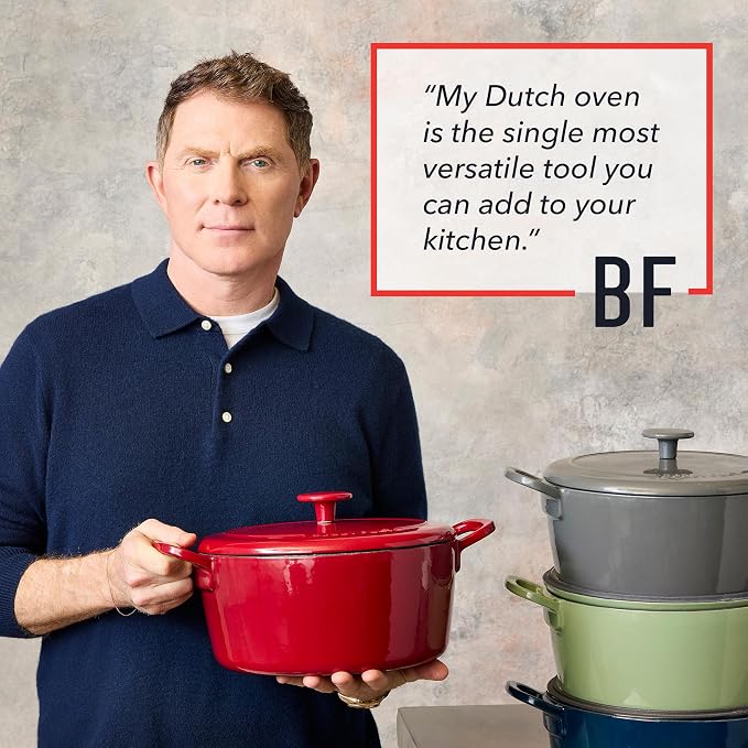 GreenPan x Bobby Flay 5.5QT Enameled Cast Iron Dutch Oven With Lid, Red | Casserole Pot for Braising, Stews, Bread Baking & Searing, Self-Basting Lid, Induction Ready, Oven Safe To 500, Gold Lid Knob