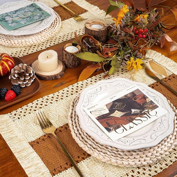 Boho Placemats Set of 6 Table Mats Farmhouse Dining Decor Caramel | 12x20" Place Mat Set of 4 Macrame Table Decor Farmhouse Burlap Placemats for Home Dining Table Centerpiece Home Decorations