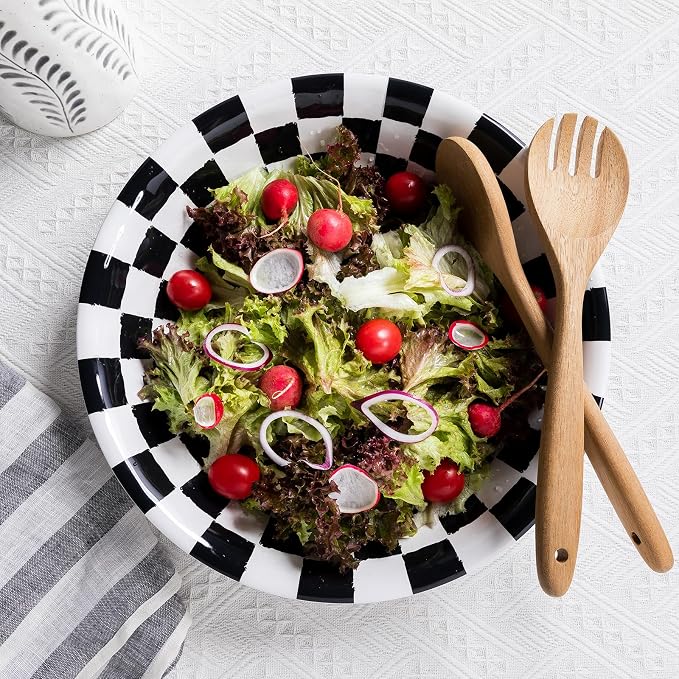LEHAHA Melamine Large Serving Bowls, Set of 2, Sunflower 13.75" x 2.75" (130 OZ) Pasta and Salad Bowl, Black Plaid Durable for Kitchen, Dishwasher Safe
