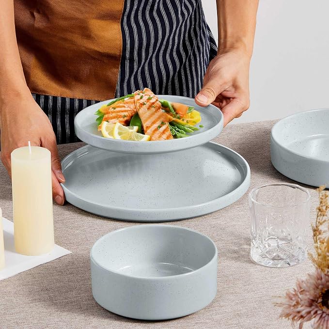 Herogo Stoneware Dinnerware Set with Salad Bowls, 24 Piece Kitchen Dinner Dish Set for 6, Plates and Cereal Pasta Bowls, Chip & Scratch Resistant Dishware, Speckled Light Gray