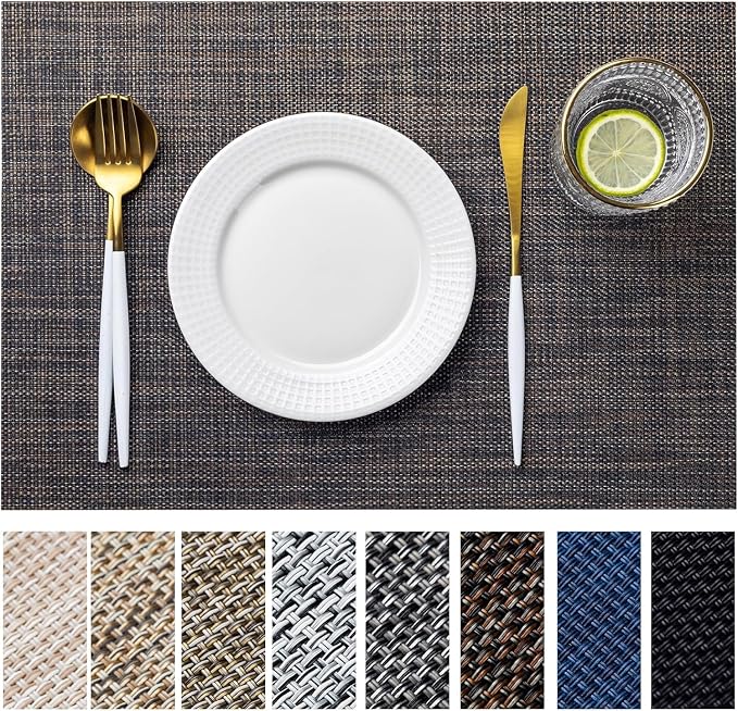 LEXMORE PlaceMats Set of 12 Vinyl/Plastic Woven Place Mats for Kitchen Table Indoor/Outdoor Washable PlaceMat Wipeable Dining Table Mats(Black/Brown)