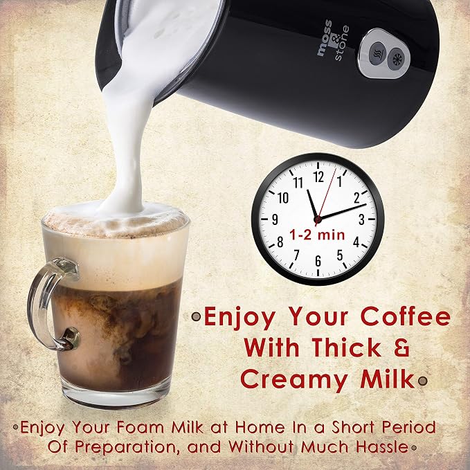 Moss & Stone Electric Milk Frother For Making Latte, Cappuccino, Hot Chocolate, Automatic Cold Hot Milk Frother & Warmer, Foam Maker, Auto Shut-Off, Detachable Base & Non-Stick Interior.