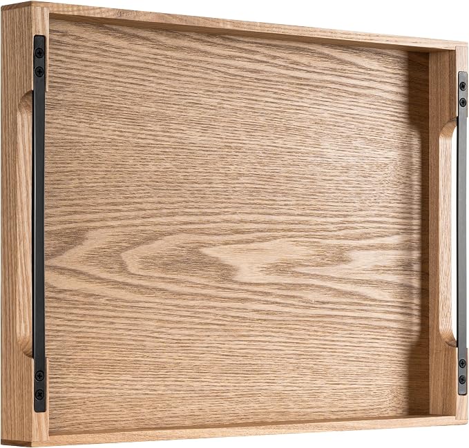 Wooden Serving Tray with Metal Handles|Ottoman Tray for Breakfast, Bed, Couch|17x13in Ash Wood Coffee Table Trays|Food Drinks Decorative Storage Boards for Ottoman Kitchen, Natural