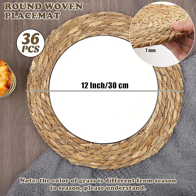 Kochorie Set of 36 Round Woven Placemats 12 Inch Bulrush Placemats Natural Handwoven Boho Rattan Wicker Table Mats for Farmhouse & Home Dining