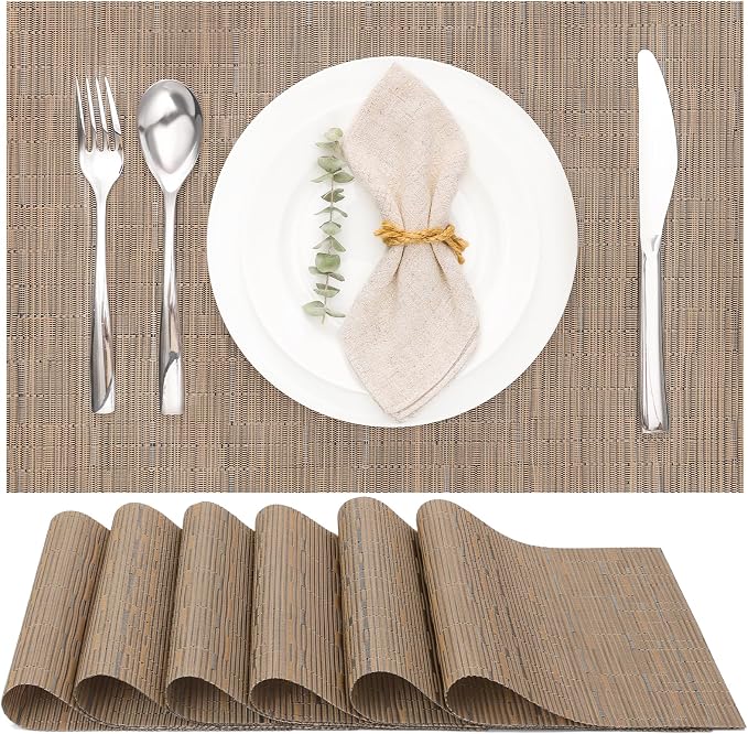 Myir JUN Placemats Set of 6 Kitchen and Dining Table Placemats | Vinyl Placemats Place Mats Indoor/Outdoor Set of 6 Washable Table Mats Non-Slip Place mats for Dining Table, Light Brown