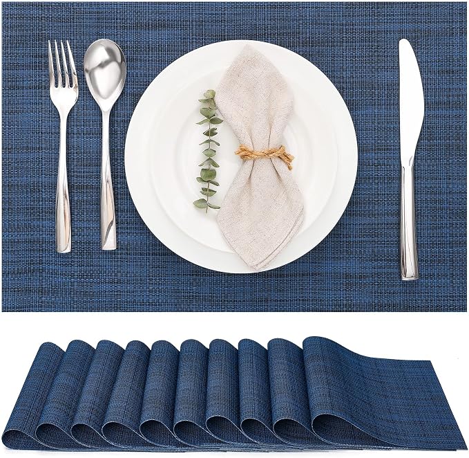 Myir JUN Placemats Set of 10 Kitchen and Dining Table Placemats | Vinyl Placemats Place Mats Indoor/Outdoor Set of 10 Washable Table Mats Non-Slip Place mats for Dining Table, Dark Blue