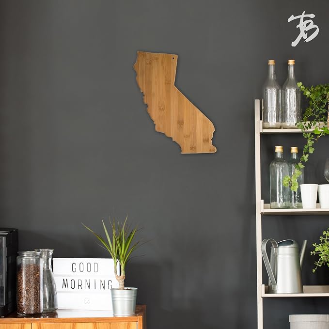 Totally Bamboo 20-7962CA California State Shaped Bamboo Serving and Cutting Board | State charcuterie board with natural bamboo grain. Knife-friendly surface for food prep. Hang tie for wall display.