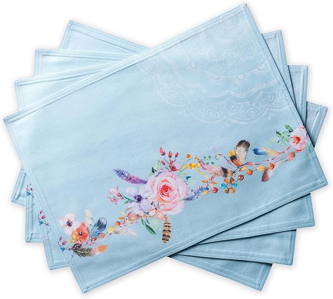 Maison d' Hermine Placemats Set of 4 Reusable 100% Cotton (13"x19") | Cloth Place Mats Washable Table Mats for Kitchen Dining Party Wedding Hotel Home Restaurant Spring Summer - Ibiza - Blue