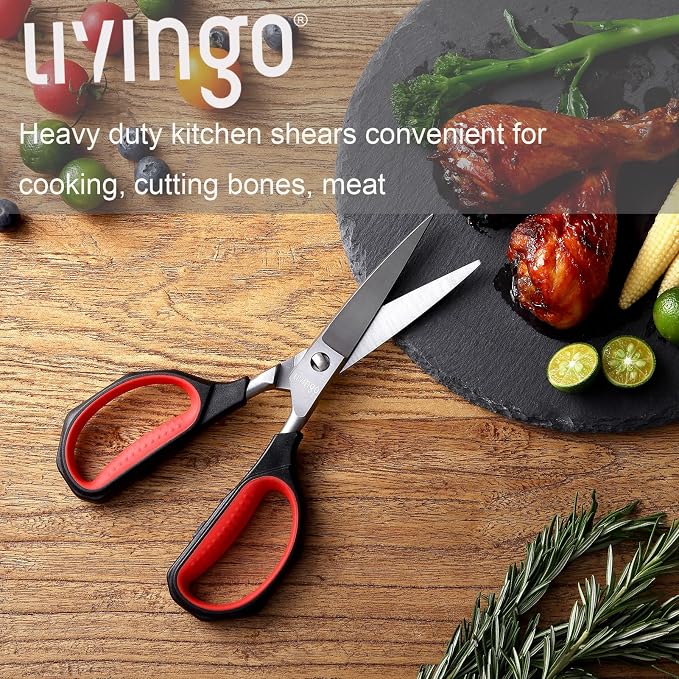 LIVINGO 8.5" Heavy Duty Kitchen Shears Stainless Steel Come Apart Scissors | Sharp Food Scissors with Forged Blade and Detachable Design for Cutting Poultry, Chicken, Meat, Bones and Vegetables Easily