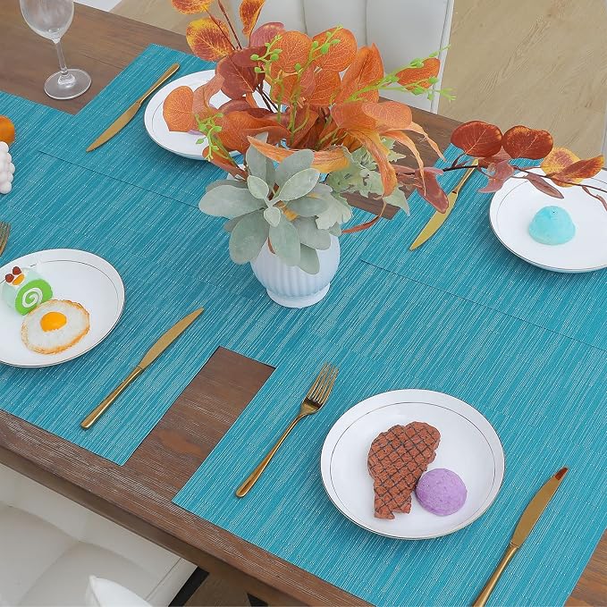 SHACOS Woven Vinyl Placemats Set of 4 Non Slip Heat Resistant Place Mats Durable PVC Stain Resistant Wipe Clean Indoor Outdoor Table Mats (4, Teal Blue)