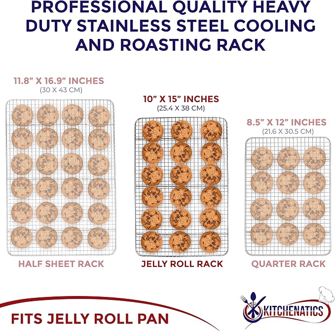 Jelly Roll Cooling Rack Stainless Steel Oven Safe Set of 2 | Fits standard 10x15 jelly roll pans for grilling, broiling, drying and draining grease while baking