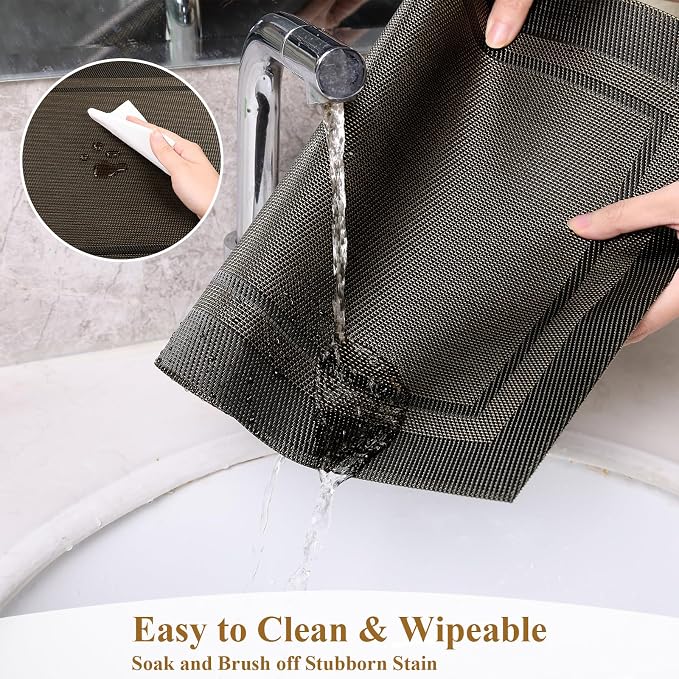 SHACOS Woven Vinyl Placemats Set of 4 Wipe Clean Place Mats for Dining Table Heat Resistant PVC Weave Table Mats Indoor Outdoor (4, Frame Black Gold)