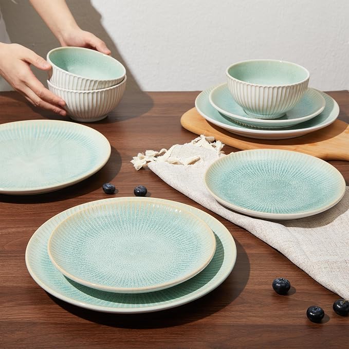 Stoneware Dinnerware Sets, Round Reactive Glaze Ceramic Plates and Bowls Set, Dishwasher & Microwave Safe Dishes Set, Distinctive Granulated Surface Service for 4 (12pc)