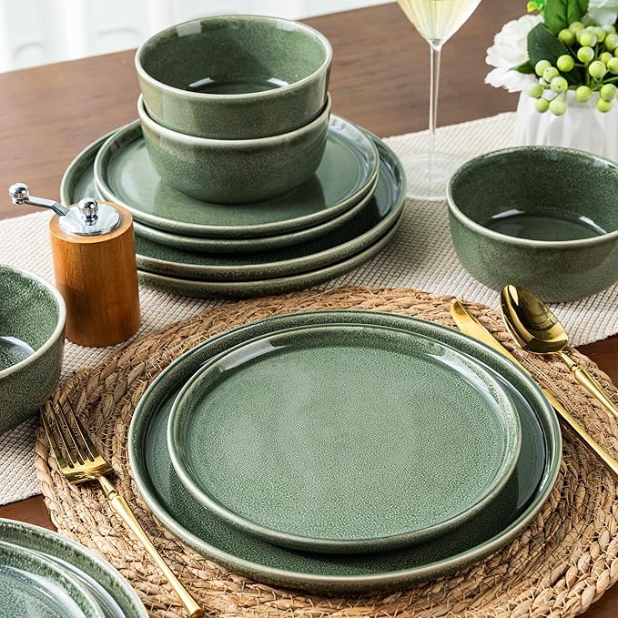 AmorArc Stoneware Dinnerware Sets for 8, 24Pcs Plates and Bowls Sets Dishes | Ceramic Round Reactive Glaze Dishes Set, Highly Scratch Resistant | Dishwasher & Microwave Safe Dishware