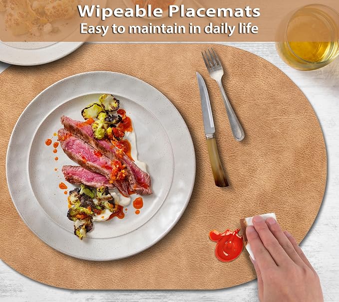 ADRIMER Placemats, Heat Resistant Oval Placemats Set of 8 Washable 12 x 17 Inch, Waterproof Table Mats, Wipeable Pu Place Mats for Kitchen, Dining Room, Light Brown