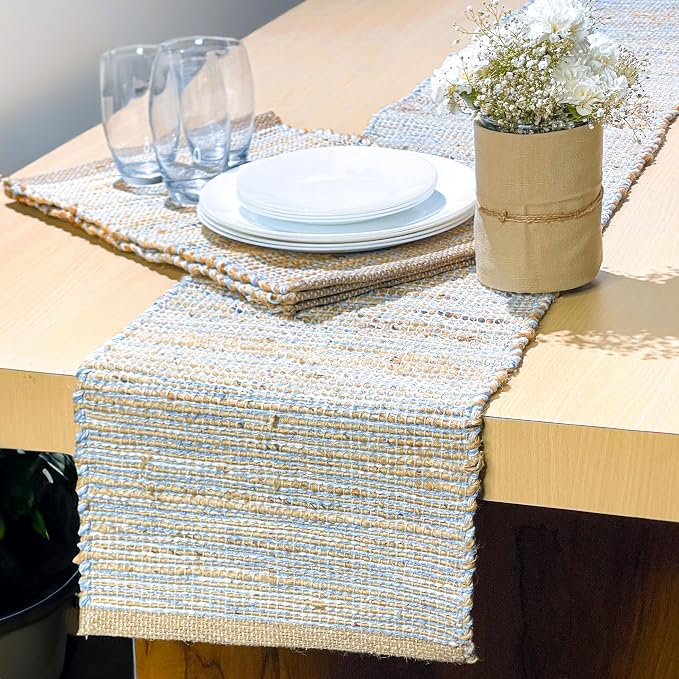 Natural Jute Table Runner, 13x72 Inch | Sky Blue-White, Vintage Boho Rustic Decor, Handwoven, Farmhouse Dining or Console Table Accent