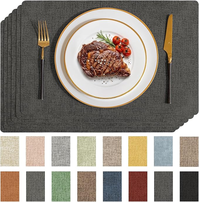 Romanstile Vinyl Placemats Set of 6-12 X 17 Inch - Faux Leather 100% Waterproof Wipeable Anti Slip Place Mats, Heat Resistant Reversible PU Table Mats for Kitchen Dining Party Outdoor, Charcoal