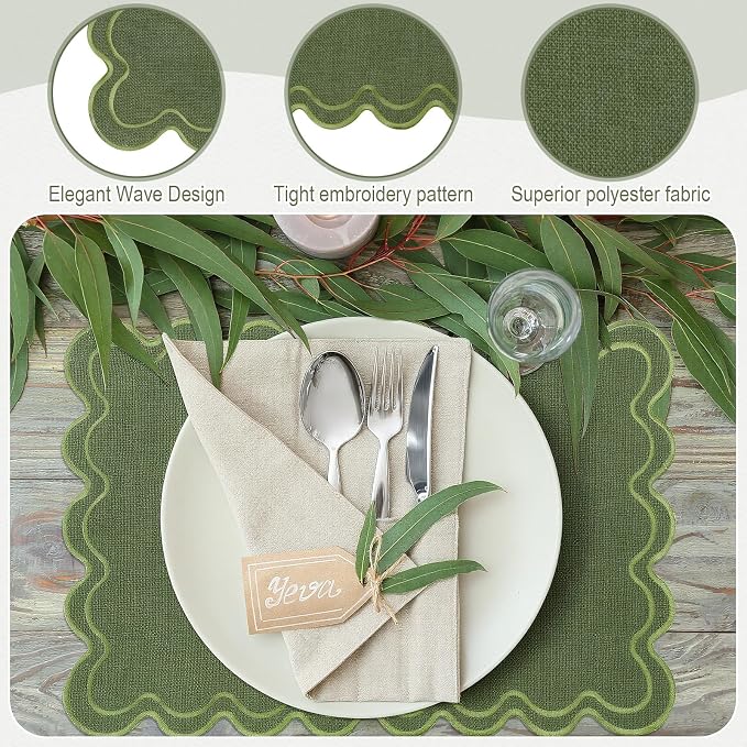 Linen Placemats Set of 12 Scalloped Placemat 13 X19 Wavy Embroidery Double Layered Washable Farmhouse Dinner Fabric Table Mat Napkin for Wedding Party Restaurant (Regular,Moss Green)