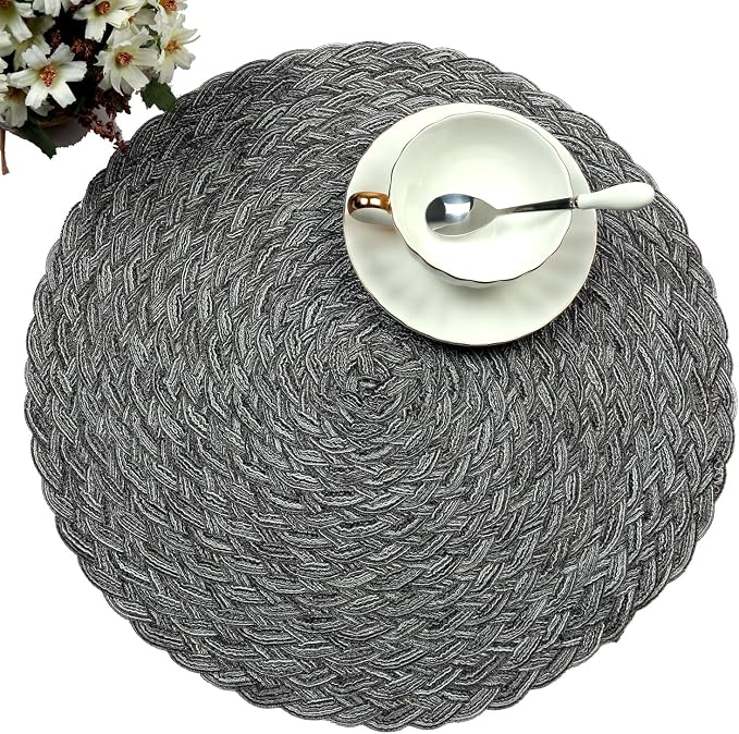 Topotdor Round Placemats Heat-Resistant Stain Resistant Anti-Skid Washable Polyproplene Table Mats Placemats (Braided-Gray, Set of 4)