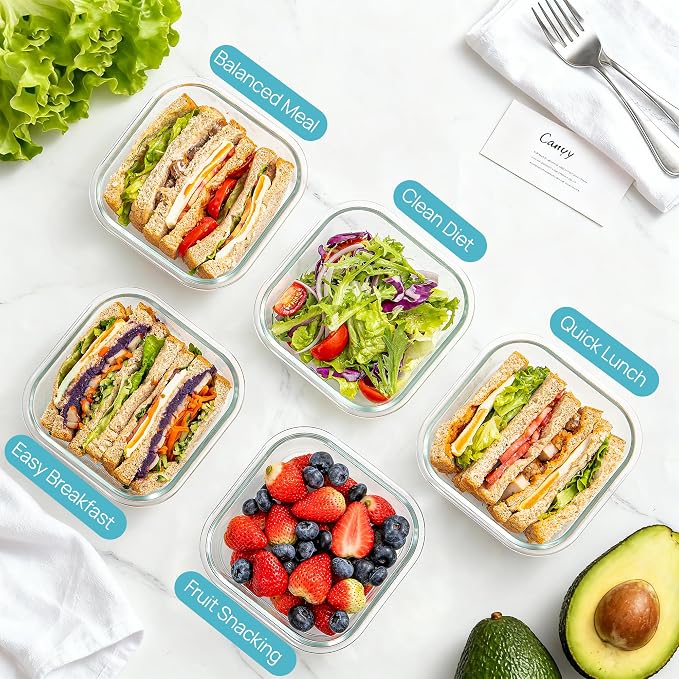 Vtopmart 5Pack 27oz Glass Food Storage Containers with Lids, Grey | Glass Meal Prep Container Sets, Sandwich Containers, Snap Airtight Lid For Microwave, Oven, Freezer and Dishwasher, BPA Free