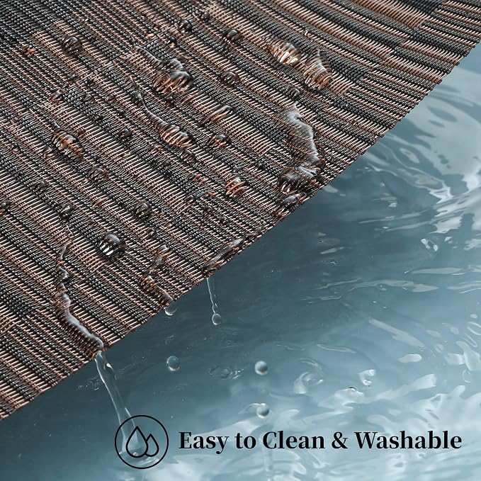 Leetaltree Brown with Black Striped Placemats Set of 4 - Heat Resistant Non-Slip Place mats for Dining Table, Washable Durable PVC Vinyl Woven Table Mats（Brown Stripe, 4）
