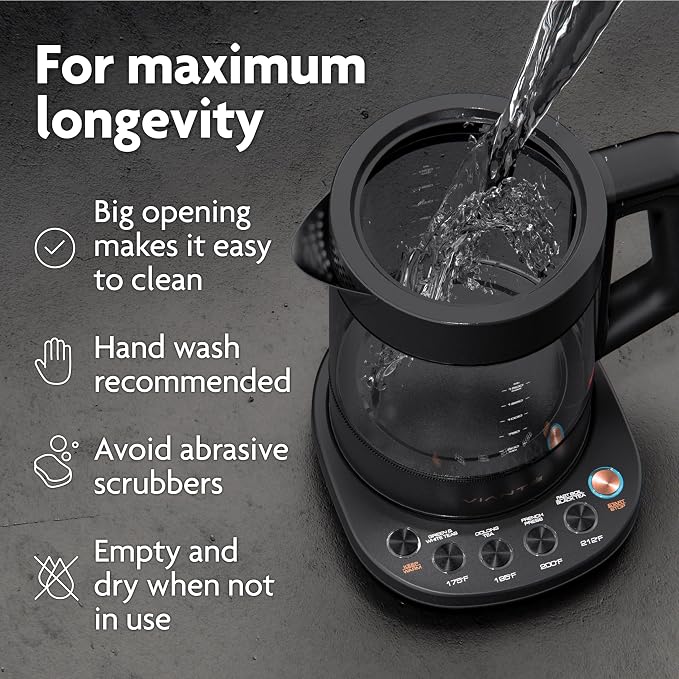 Viante Alba Electric Tea Kettle With Infuser, No Plastic, 1.5L, Black | Borosilicate glass & 304 stainless steel construction. 4 temp presets, keep-warm, cordless, auto shut-off