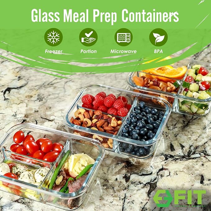 Glass Meal Prep Containers 3 Compartment, 3 Pack 32 oz Leakproof Lids Blue | Glass Bento Box for Portion Control, Airtight Snap-Lock, BPA-Free, Microwave Oven Freezer Dishwasher Safe Lunch Containers
