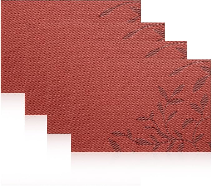 SHACOS Woven Vinyl Placemats Set of 8 Red Leaf Pattern Wipeable Place Mats for Dining Table Heat Resistant PVC Table Mats Indoor Outdoor (8, Leaf Red)