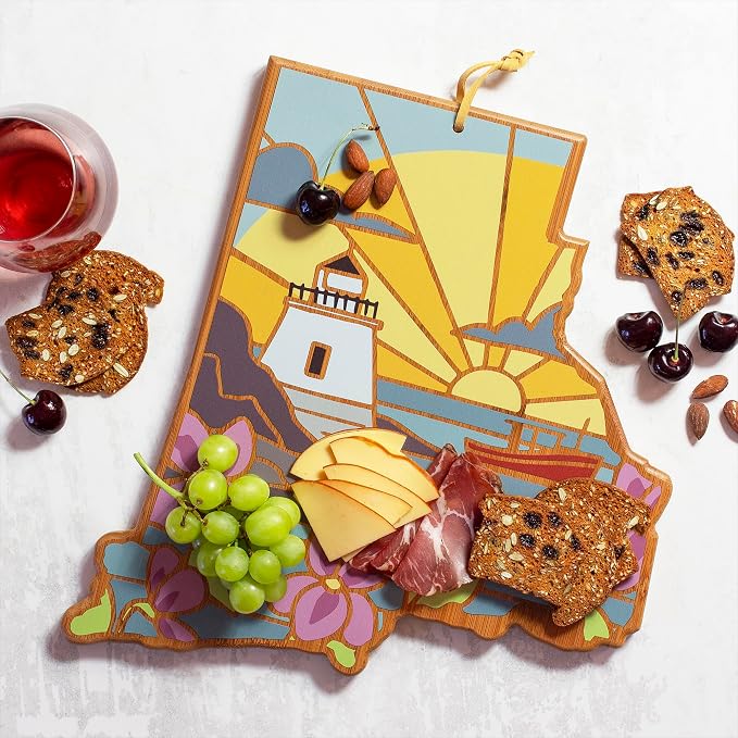 Totally Bamboo Rhode Island State Shaped Cutting Board, Summer Stokes Art | State charcuterie board with colorful hand-drawn landscape art. Smooth reverse side for food prep. Hang tie for wall display.