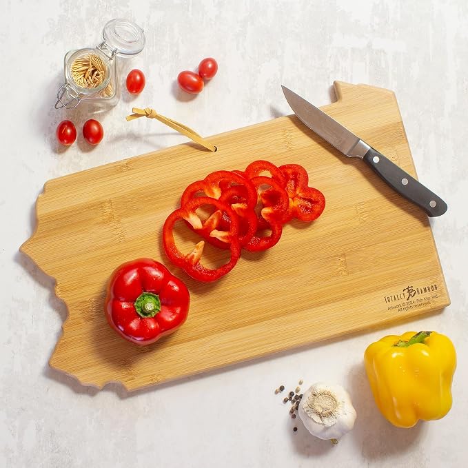 Totally Bamboo Pennsylvania State Shaped Cutting Board, Art by Fish Kiss | State charcuterie board with colorful hand-drawn map artwork. Smooth reverse side for food prep. Hang tie for wall display.